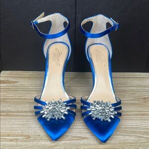 Jewel Badgley Mischka Blue Satin Heels with Crystal Embellishment
